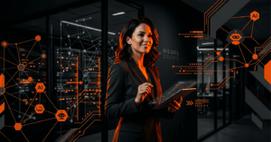 Uma profissional de TI confiante segura um tablet em um data center escuro, iluminada por luzes laranjas dramáticas. Elementos gráficos abstratos de redes conectadas e ícones de inteligência artificial (IA) flutuam ao redor dela, ilustrando a fusão de humanos e agentes autônomos na governança tecnológica de 2026.