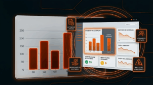 Painel digital com gráficos e indicadores de gestão de licenças de software, destacando licenças ativas, usuários ativos, desperdício evitado e risco de auditoria, em interface escura com detalhes em laranja neon.